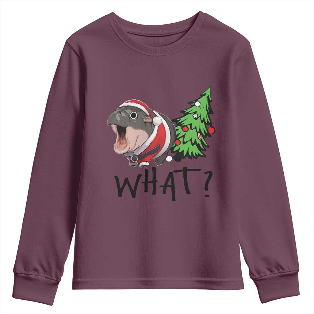 Funny Christmas Moo Deng Youth Sweatshirt What Baby Hippo Pushing Christmas Tree TS09 Maroon Print Your Wear