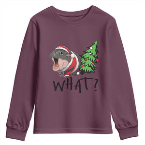 Funny Christmas Moo Deng Youth Sweatshirt What Baby Hippo Pushing Christmas Tree TS09 Maroon Print Your Wear
