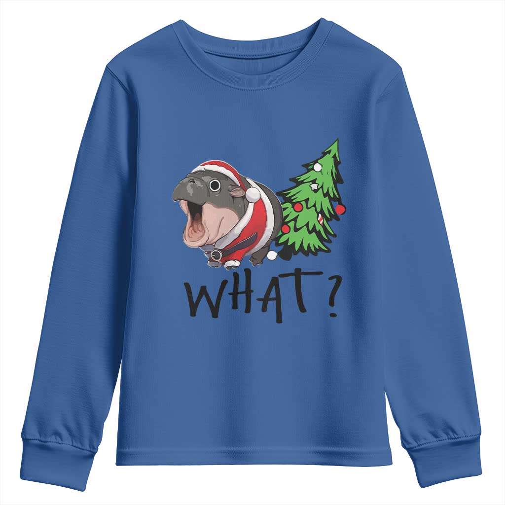 Funny Christmas Moo Deng Youth Sweatshirt What Baby Hippo Pushing Christmas Tree TS09 Royal Blue Print Your Wear