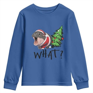 Funny Christmas Moo Deng Youth Sweatshirt What Baby Hippo Pushing Christmas Tree TS09 Royal Blue Print Your Wear
