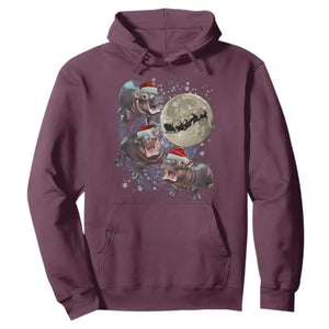 Funny Christmas Moo Deng Hoodie Baby Hippo Santa Sleigh Galaxy Outer Space TS09 Maroon Print Your Wear