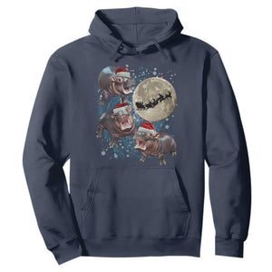 Funny Christmas Moo Deng Hoodie Baby Hippo Santa Sleigh Galaxy Outer Space TS09 Navy Print Your Wear