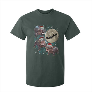 Funny Christmas Moo Deng T Shirt For Kid Baby Hippo Santa Sleigh Galaxy Outer Space TS09 Dark Forest Green Print Your Wear