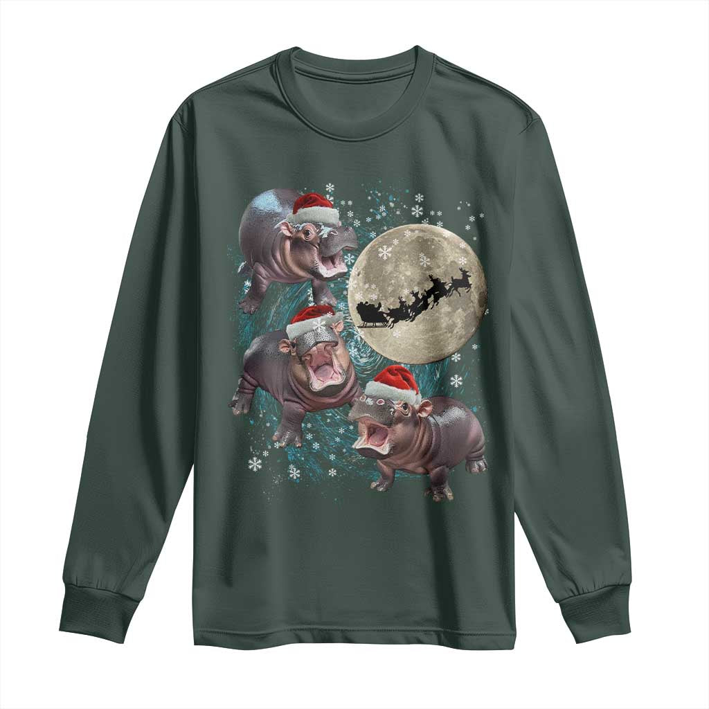 Funny Christmas Moo Deng Long Sleeve Shirt Baby Hippo Santa Sleigh Galaxy Outer Space TS09 Dark Forest Green Print Your Wear