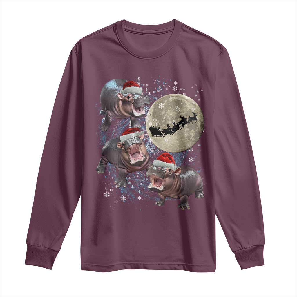 Funny Christmas Moo Deng Long Sleeve Shirt Baby Hippo Santa Sleigh Galaxy Outer Space TS09 Maroon Print Your Wear