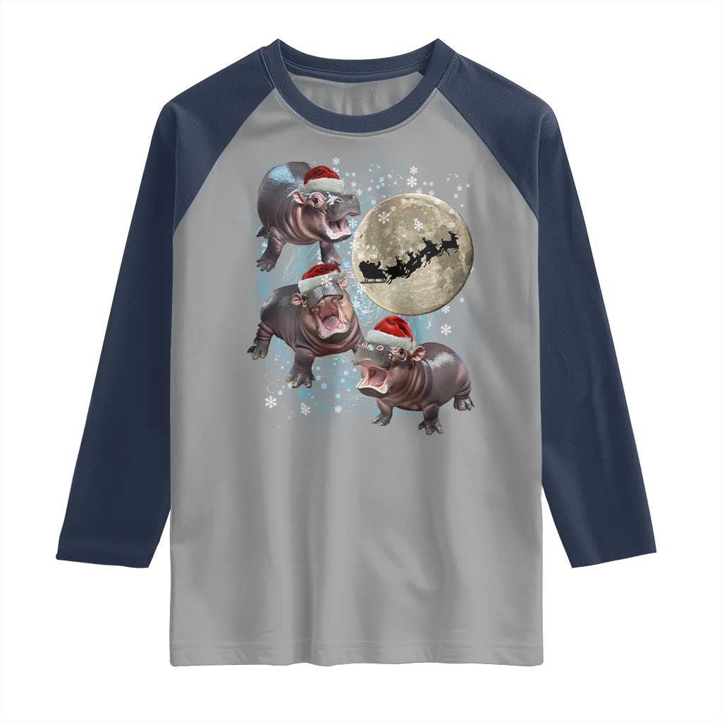 Funny Christmas Moo Deng Raglan Shirt Baby Hippo Santa Sleigh Galaxy Outer Space TS09 Sport Gray Navy Print Your Wear