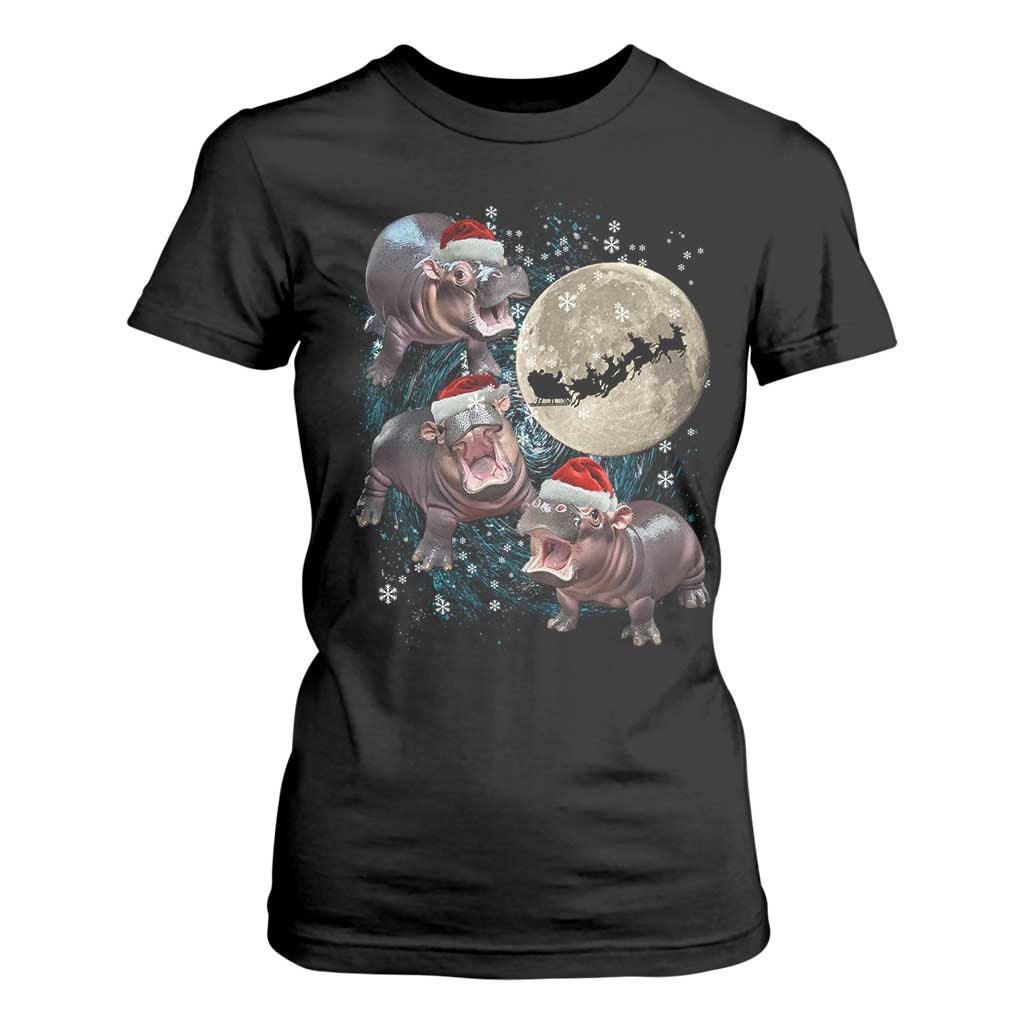 Funny Christmas Moo Deng T Shirt For Women Baby Hippo Santa Sleigh Galaxy Outer Space TS09 Black Print Your Wear