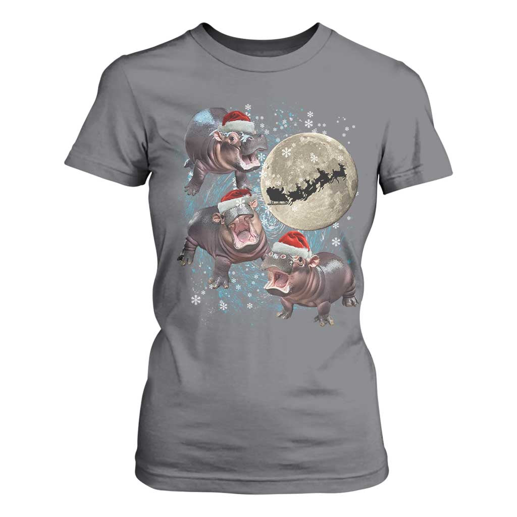 Funny Christmas Moo Deng T Shirt For Women Baby Hippo Santa Sleigh Galaxy Outer Space TS09 Charcoal Print Your Wear
