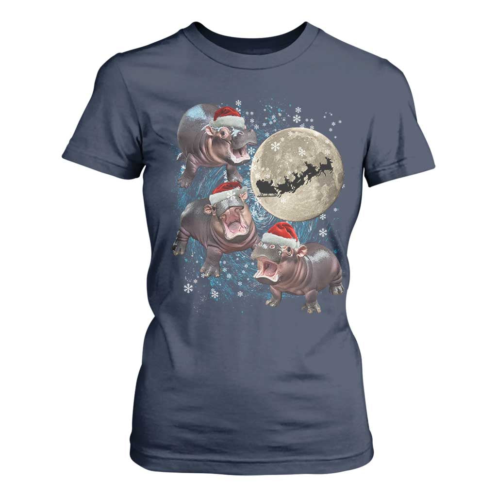 Funny Christmas Moo Deng T Shirt For Women Baby Hippo Santa Sleigh Galaxy Outer Space TS09 Navy Print Your Wear