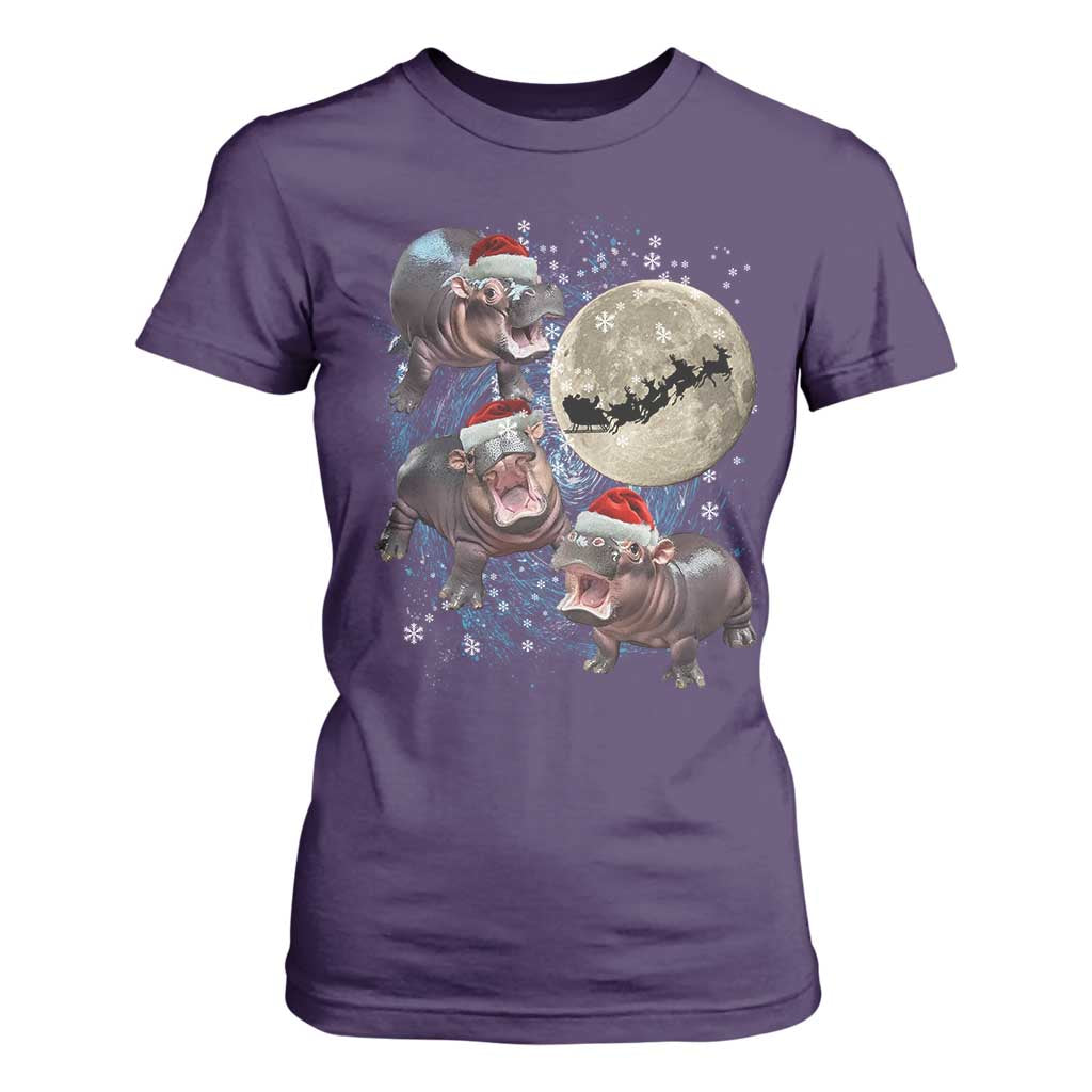 Funny Christmas Moo Deng T Shirt For Women Baby Hippo Santa Sleigh Galaxy Outer Space TS09 Purple Print Your Wear