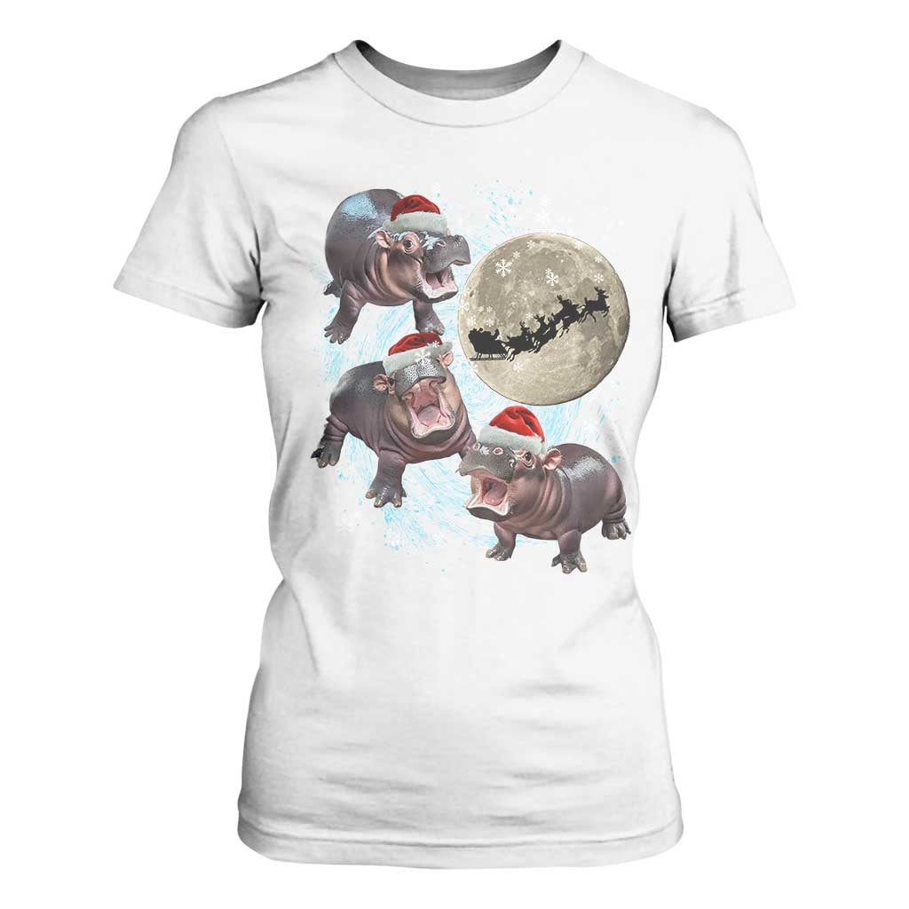 Funny Christmas Moo Deng T Shirt For Women Baby Hippo Santa Sleigh Galaxy Outer Space TS09 White Print Your Wear
