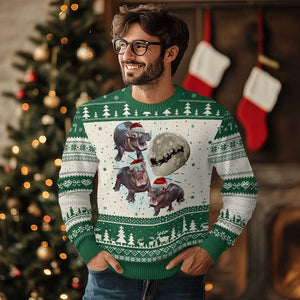 Funny Xmas Moo Deng Ugly Christmas Sweater Baby Hippo Santa Sleigh Galaxy Outer Space TS09 Green Print Your Wear