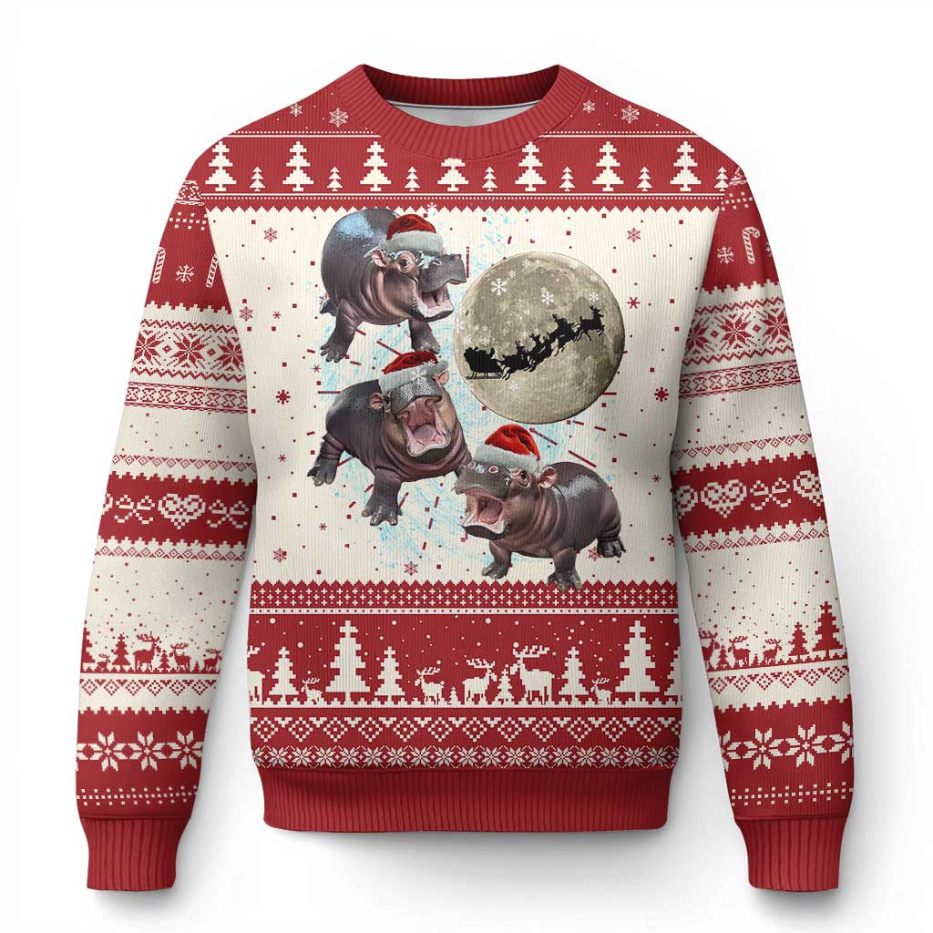 Funny Xmas Moo Deng Ugly Christmas Sweater Baby Hippo Santa Sleigh Galaxy Outer Space TS09 Red Print Your Wear