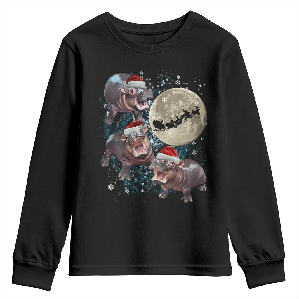 Funny Christmas Moo Deng Youth Sweatshirt Baby Hippo Santa Sleigh Galaxy Outer Space TS09 Black Print Your Wear