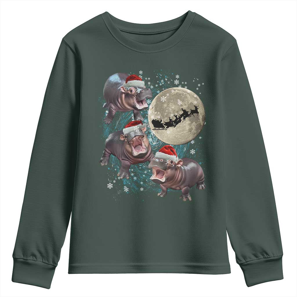 Funny Christmas Moo Deng Youth Sweatshirt Baby Hippo Santa Sleigh Galaxy Outer Space TS09 Dark Forest Green Print Your Wear