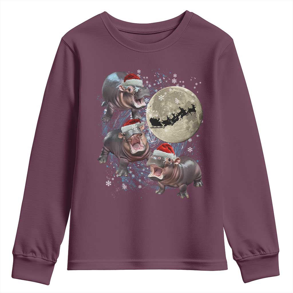 Funny Christmas Moo Deng Youth Sweatshirt Baby Hippo Santa Sleigh Galaxy Outer Space TS09 Maroon Print Your Wear