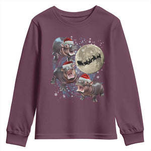 Funny Christmas Moo Deng Youth Sweatshirt Baby Hippo Santa Sleigh Galaxy Outer Space TS09 Maroon Print Your Wear