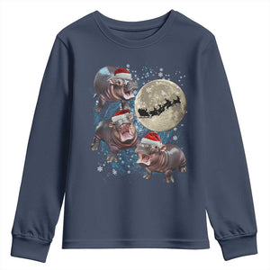 Funny Christmas Moo Deng Youth Sweatshirt Baby Hippo Santa Sleigh Galaxy Outer Space TS09 Navy Print Your Wear