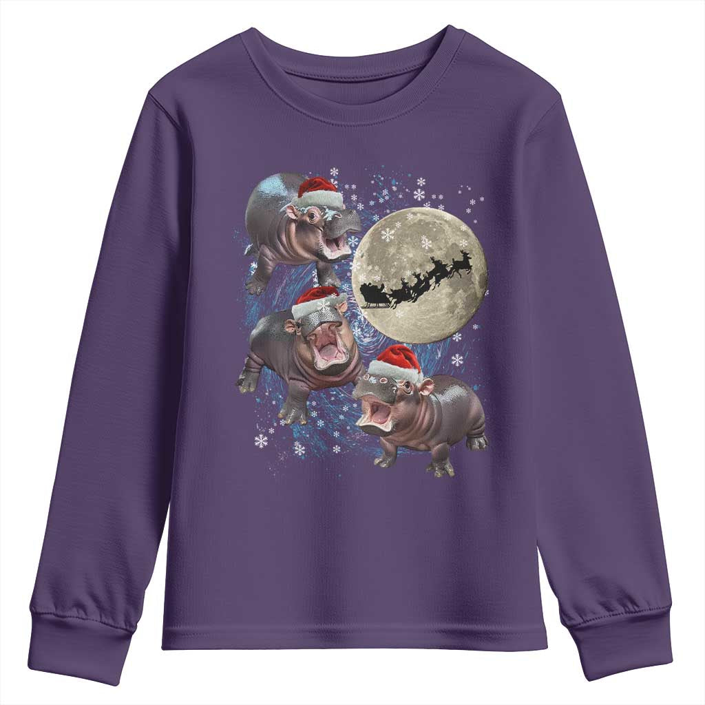 Funny Christmas Moo Deng Youth Sweatshirt Baby Hippo Santa Sleigh Galaxy Outer Space TS09 Purple Print Your Wear