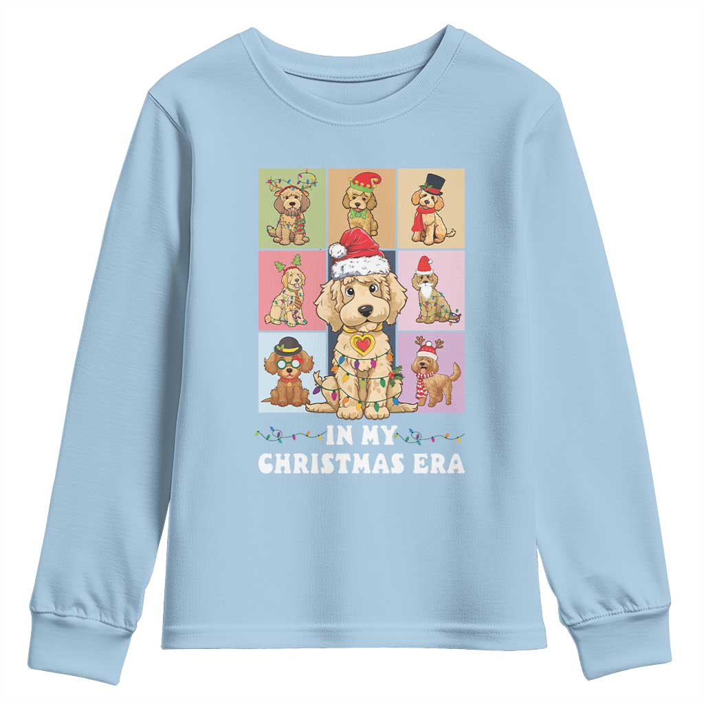 Funny Xmas Dog Youth Sweatshirt Santa Golden Doodle In My Christmas Era TS09 Light Blue Print Your Wear