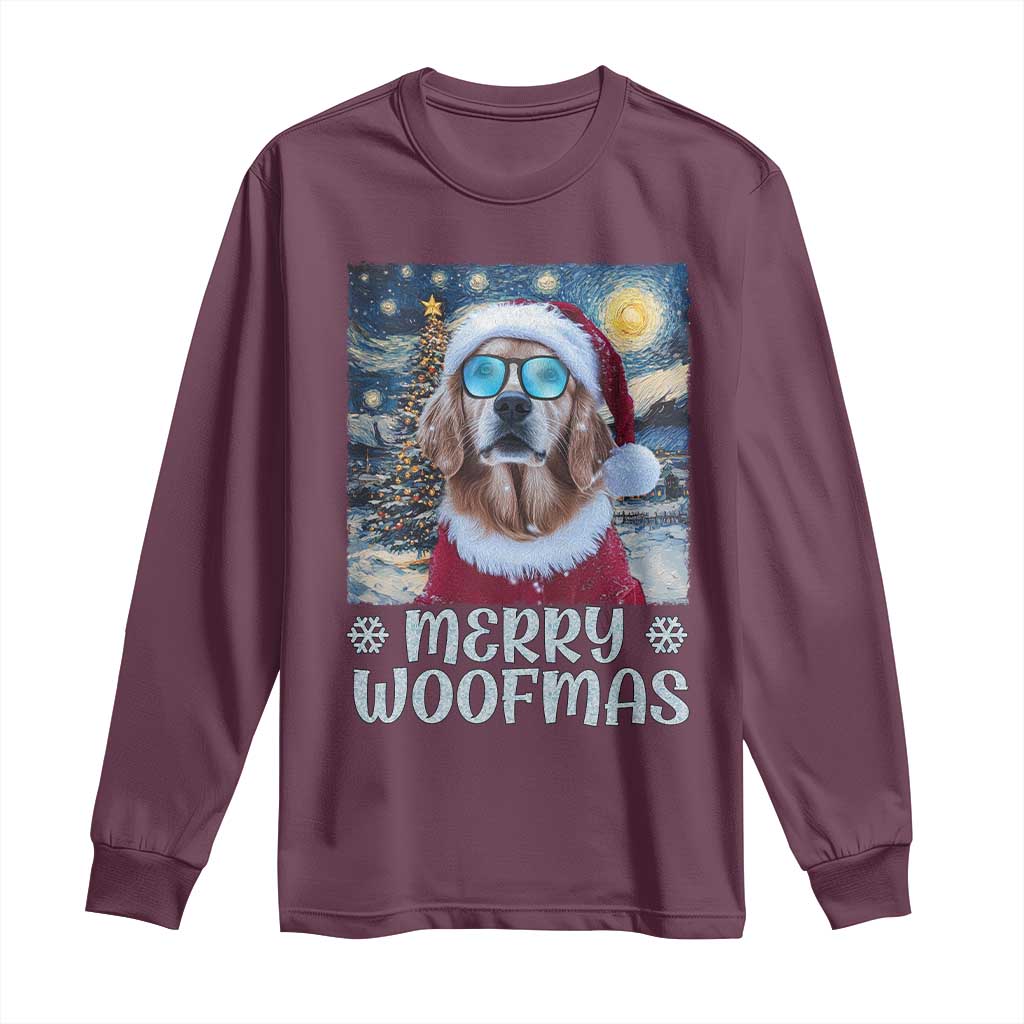 Funny Xmas Golden Retriever Long Sleeve Shirt Merry Woofmas Christmas Starry Night Dog Lover TS09 Maroon Print Your Wear