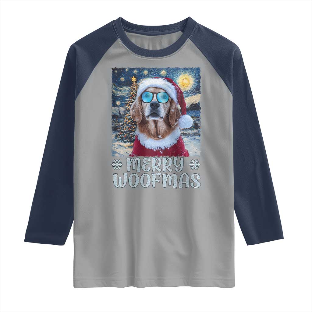 Funny Xmas Golden Retriever Raglan Shirt Merry Woofmas Christmas Starry Night Dog Lover TS09 Sport Gray Navy Print Your Wear