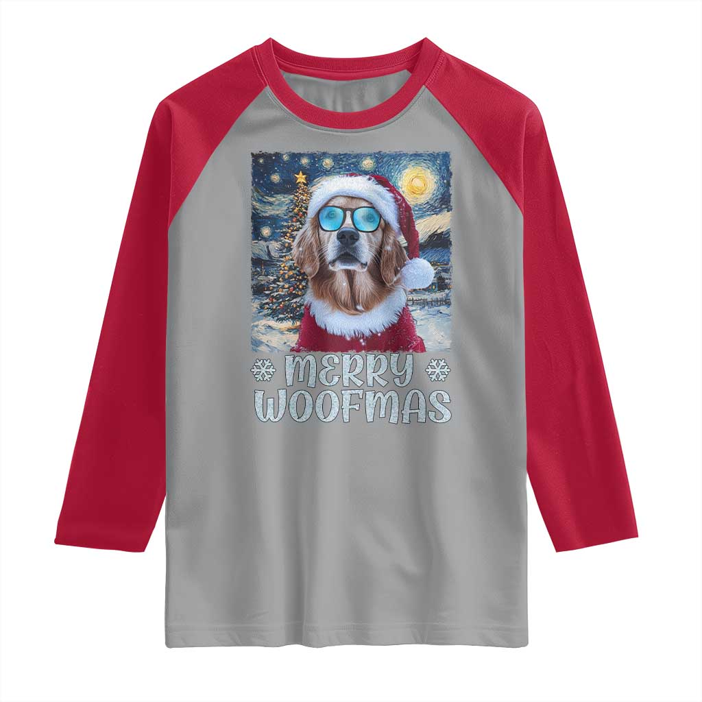 Funny Xmas Golden Retriever Raglan Shirt Merry Woofmas Christmas Starry Night Dog Lover TS09 Sport Gray Red Print Your Wear
