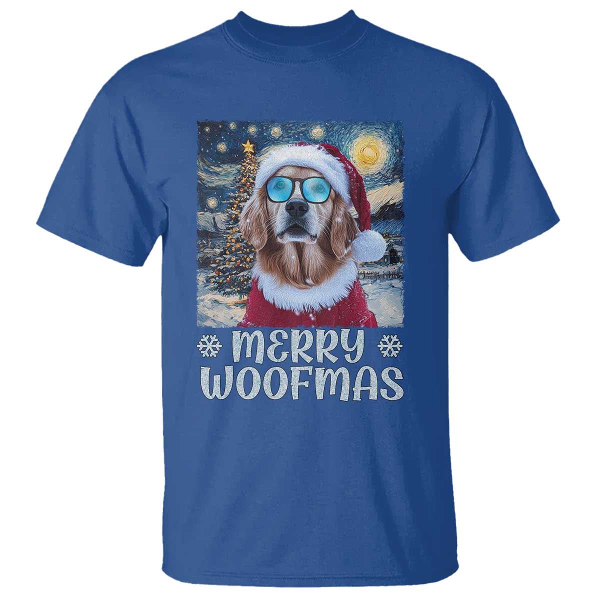 Funny Xmas Golden Retriever T Shirt Merry Woofmas Christmas Starry Night Dog Lover TS09 Royal Blue Print Your Wear