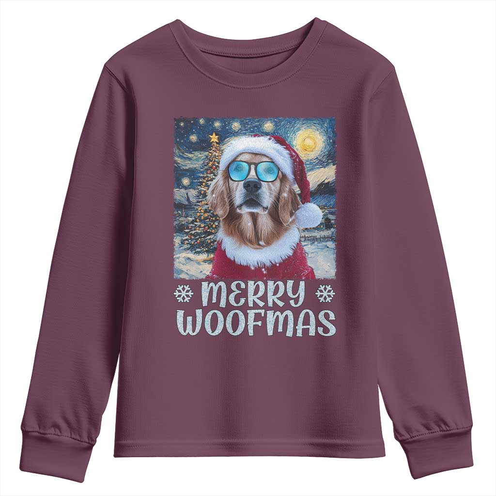 Funny Xmas Golden Retriever Youth Sweatshirt Merry Woofmas Christmas Starry Night Dog Lover TS09 Maroon Print Your Wear