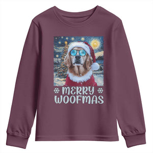 Funny Xmas Golden Retriever Youth Sweatshirt Merry Woofmas Christmas Starry Night Dog Lover TS09 Maroon Print Your Wear