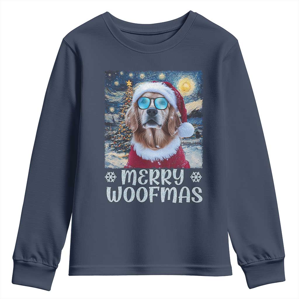 Funny Xmas Golden Retriever Youth Sweatshirt Merry Woofmas Christmas Starry Night Dog Lover TS09 Navy Print Your Wear