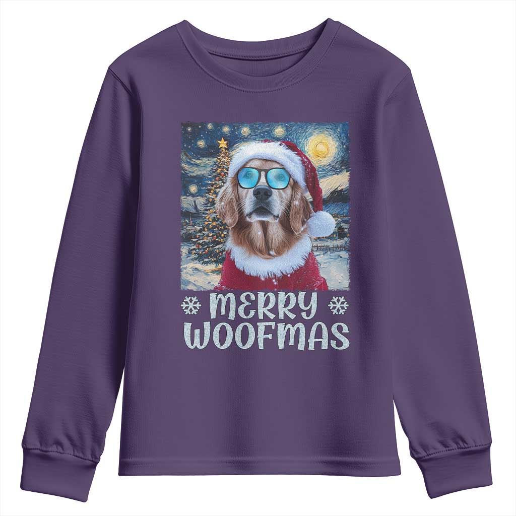Funny Xmas Golden Retriever Youth Sweatshirt Merry Woofmas Christmas Starry Night Dog Lover TS09 Purple Print Your Wear