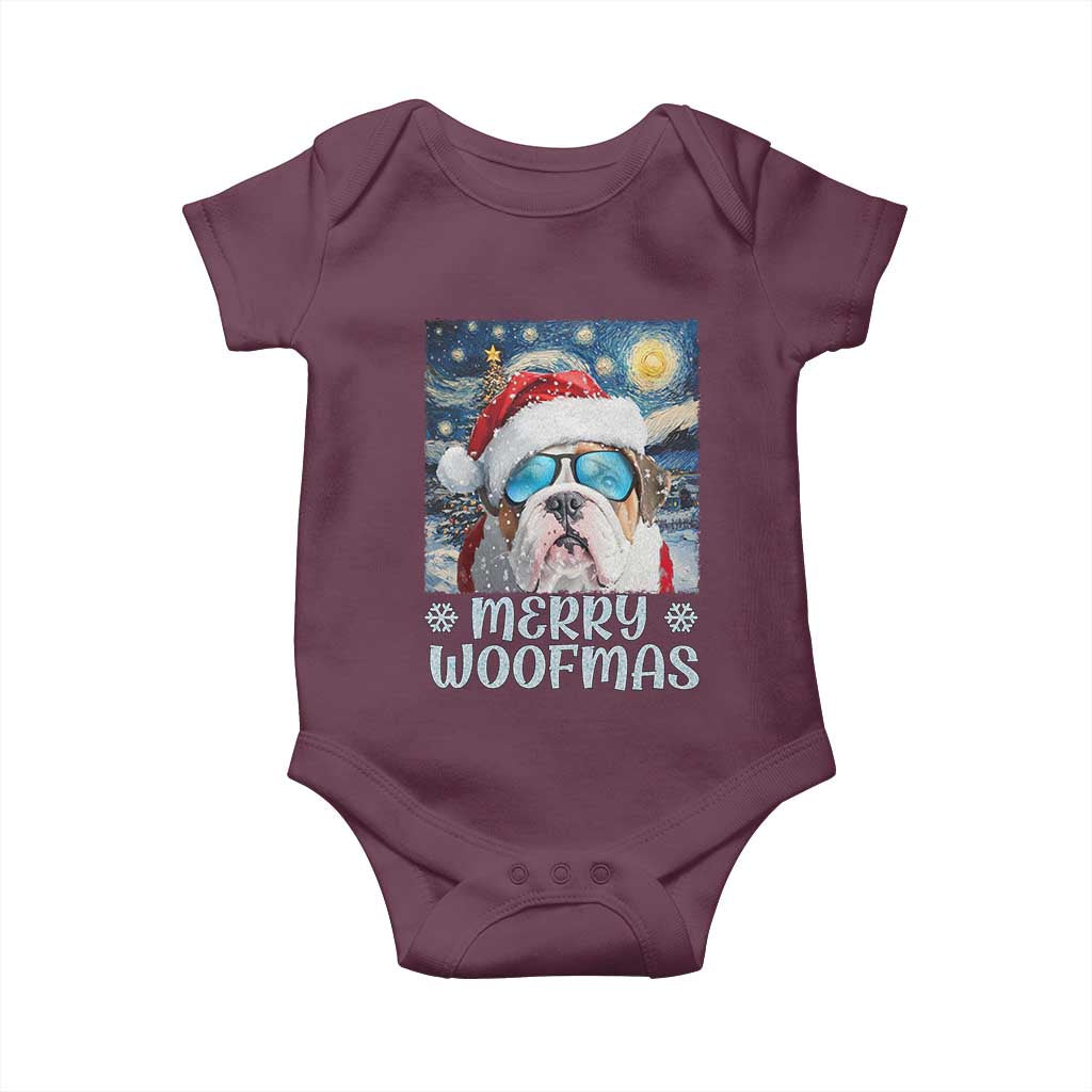Funny Xmas Bulldog Baby Onesie Merry Woofmas Christmas Starry Night Dog Lover TS09 Maroon Print Your Wear