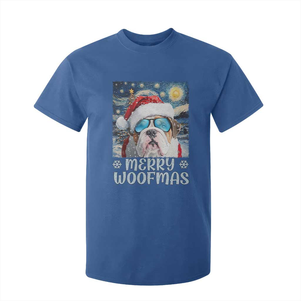 Funny Xmas Bulldog T Shirt For Kid Merry Woofmas Christmas Starry Night Dog Lover TS09 Royal Blue Print Your Wear