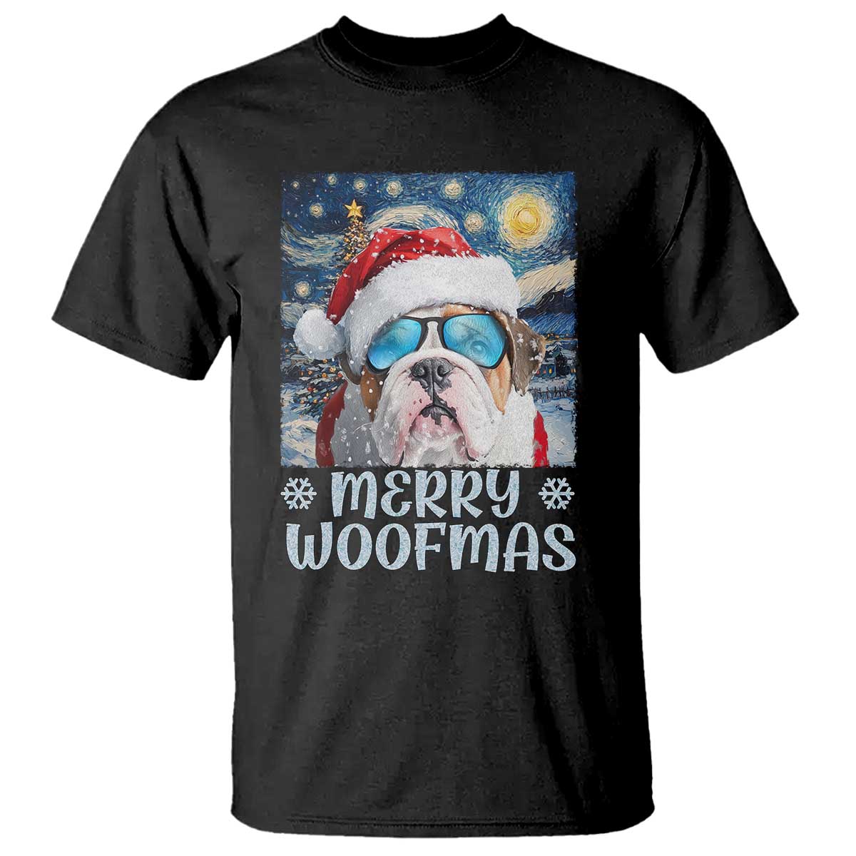 Funny Xmas Bulldog T Shirt Merry Woofmas Christmas Starry Night Dog Lover TS09 Black Print Your Wear