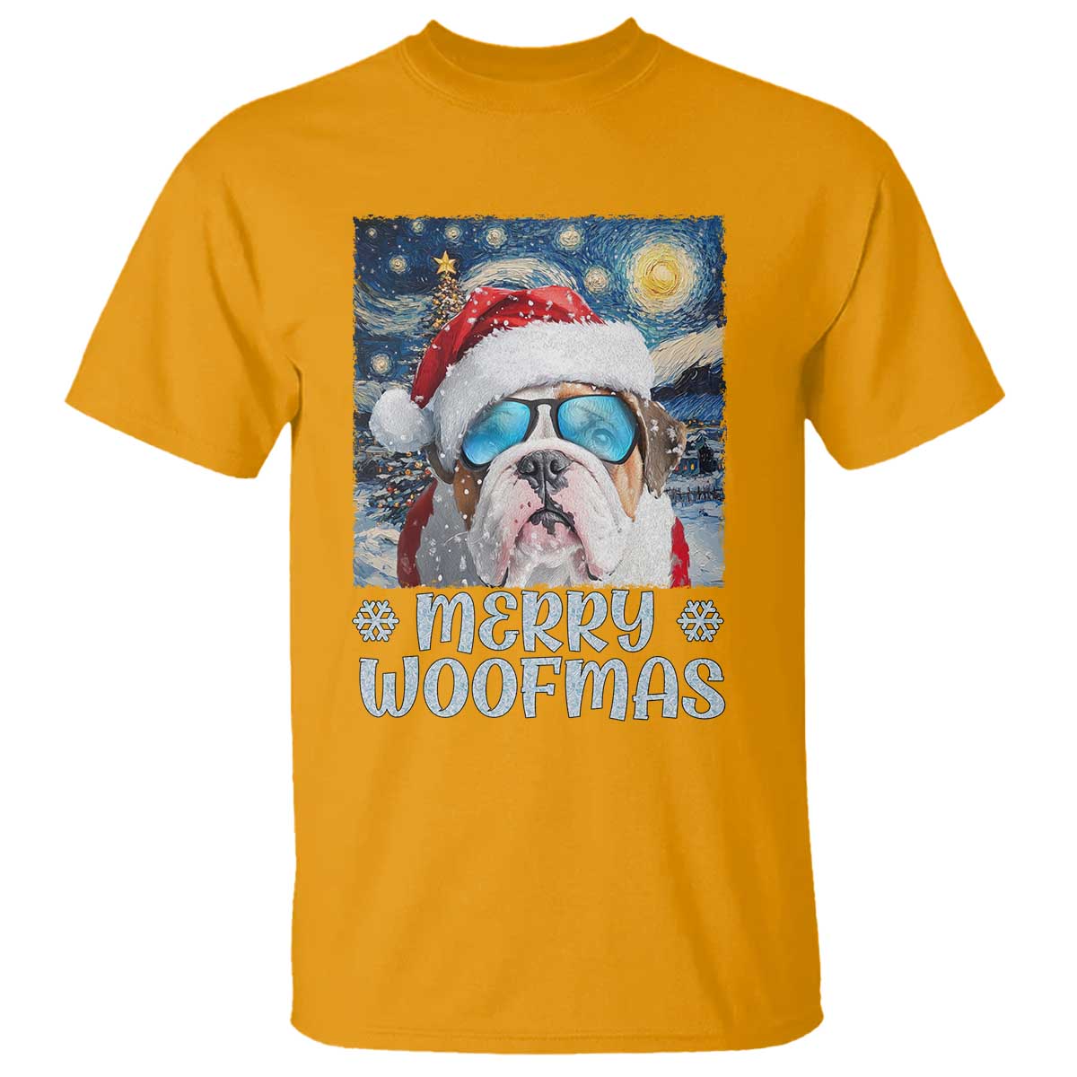 Funny Xmas Bulldog T Shirt Merry Woofmas Christmas Starry Night Dog Lover TS09 Gold Print Your Wear