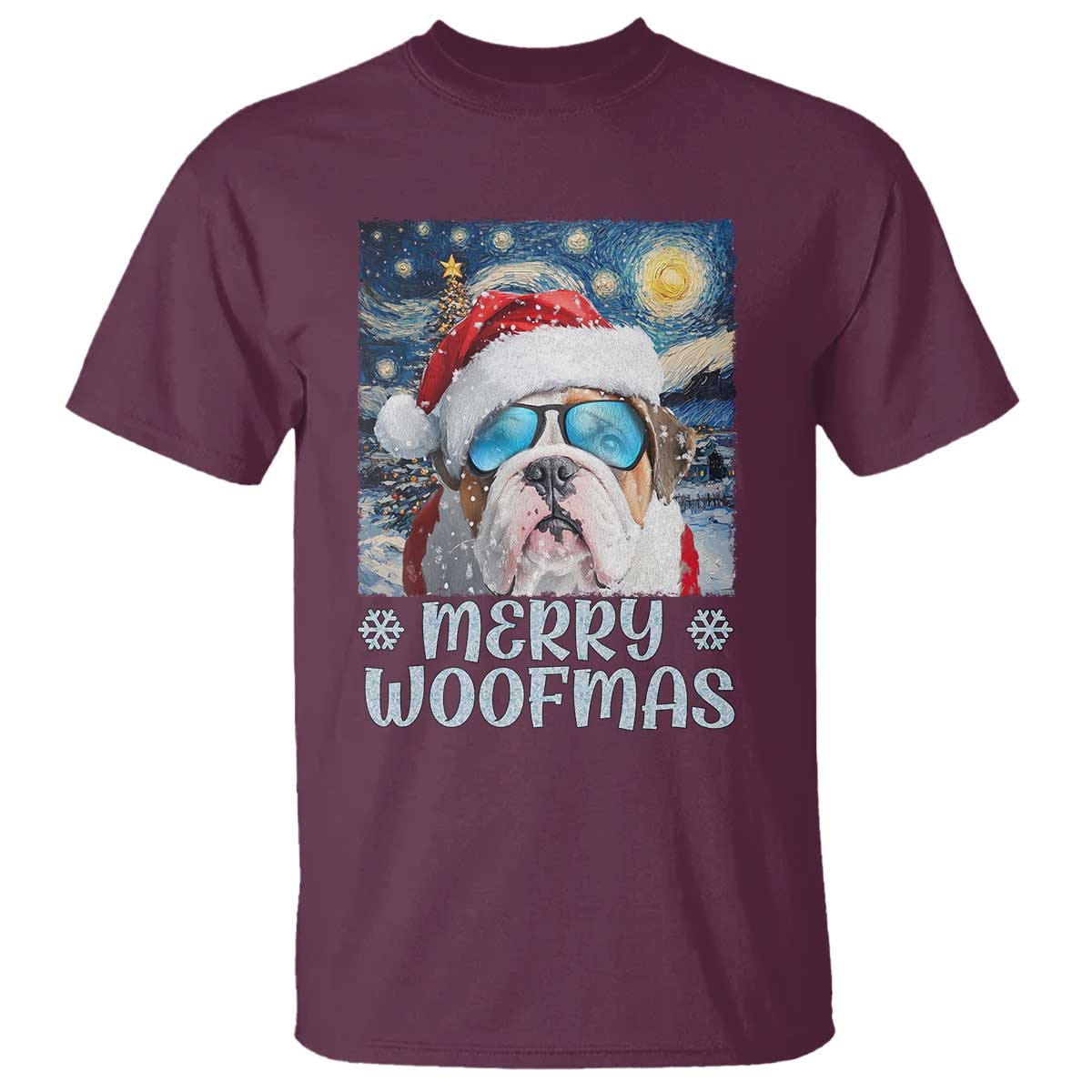 Funny Xmas Bulldog T Shirt Merry Woofmas Christmas Starry Night Dog Lover TS09 Maroon Print Your Wear