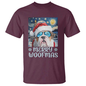 Funny Xmas Bulldog T Shirt Merry Woofmas Christmas Starry Night Dog Lover TS09 Maroon Print Your Wear