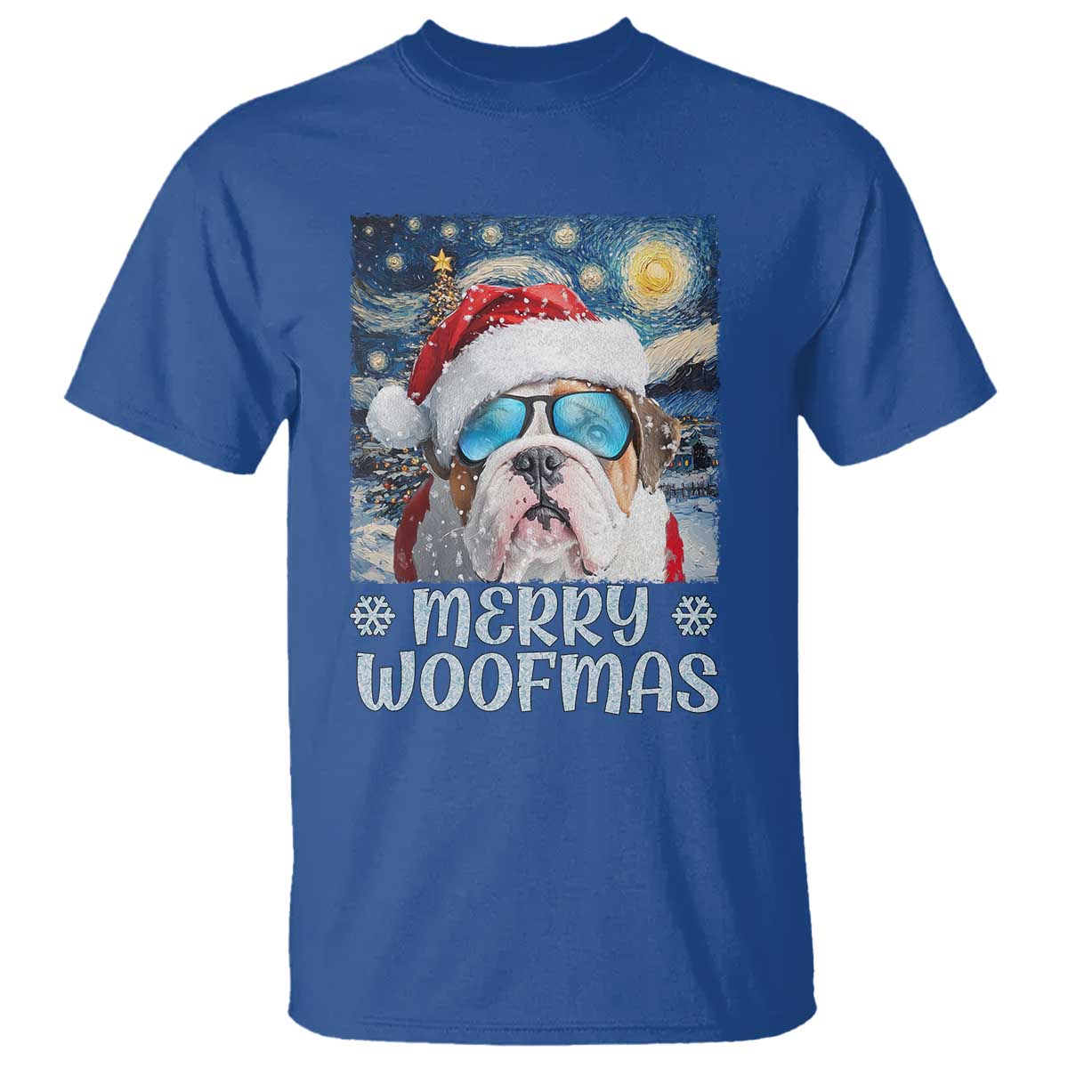 Funny Xmas Bulldog T Shirt Merry Woofmas Christmas Starry Night Dog Lover TS09 Royal Blue Print Your Wear