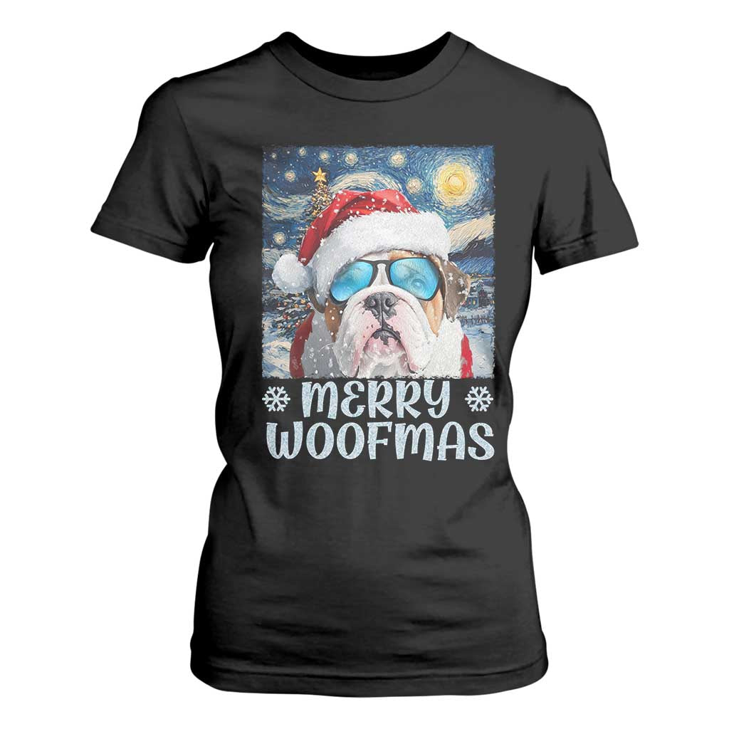 Funny Xmas Bulldog T Shirt For Women Merry Woofmas Christmas Starry Night Dog Lover TS09 Black Print Your Wear