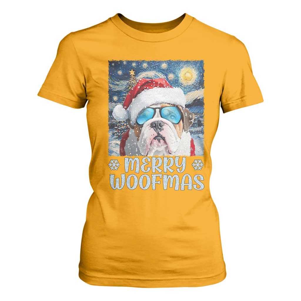 Funny Xmas Bulldog T Shirt For Women Merry Woofmas Christmas Starry Night Dog Lover TS09 Gold Print Your Wear