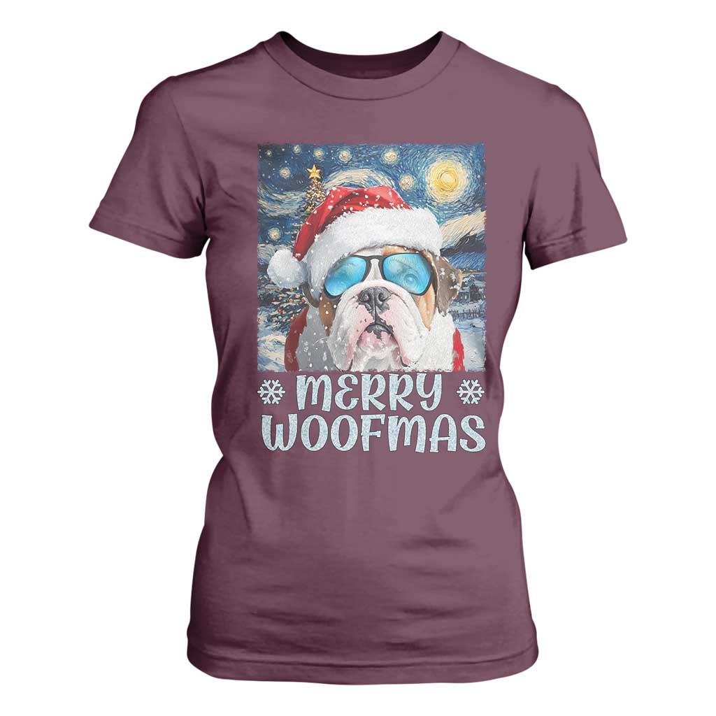Funny Xmas Bulldog T Shirt For Women Merry Woofmas Christmas Starry Night Dog Lover TS09 Maroon Print Your Wear