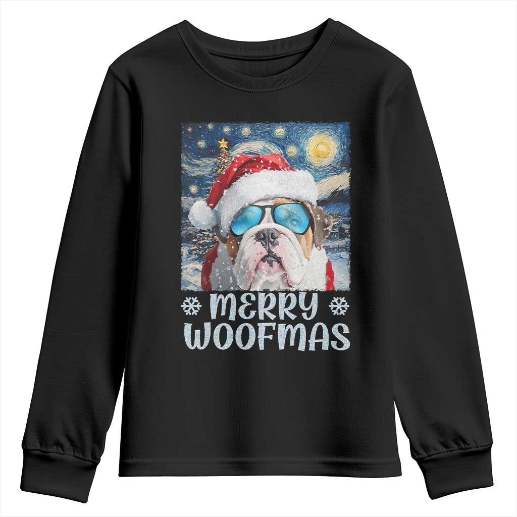 Funny Xmas Bulldog Youth Sweatshirt Merry Woofmas Christmas Starry Night Dog Lover TS09 Black Print Your Wear
