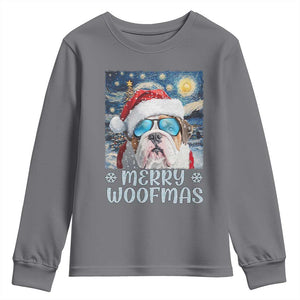 Funny Xmas Bulldog Youth Sweatshirt Merry Woofmas Christmas Starry Night Dog Lover TS09 Charcoal Print Your Wear