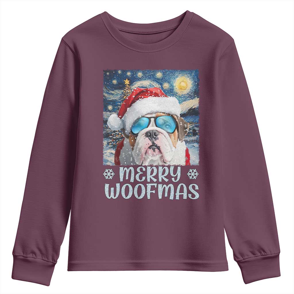 Funny Xmas Bulldog Youth Sweatshirt Merry Woofmas Christmas Starry Night Dog Lover TS09 Maroon Print Your Wear