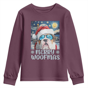 Funny Xmas Bulldog Youth Sweatshirt Merry Woofmas Christmas Starry Night Dog Lover TS09 Maroon Print Your Wear