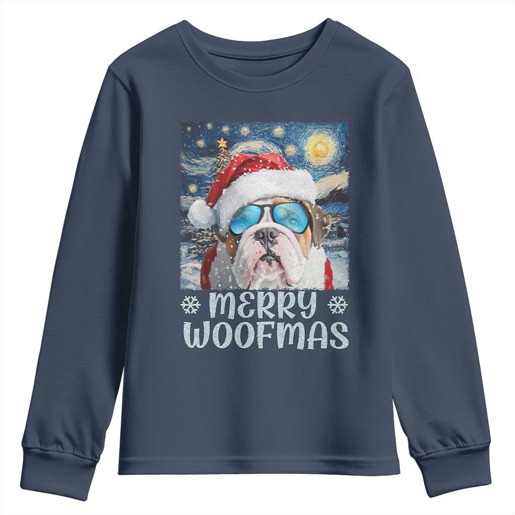Funny Xmas Bulldog Youth Sweatshirt Merry Woofmas Christmas Starry Night Dog Lover TS09 Navy Print Your Wear