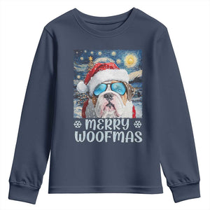 Funny Xmas Bulldog Youth Sweatshirt Merry Woofmas Christmas Starry Night Dog Lover TS09 Navy Print Your Wear