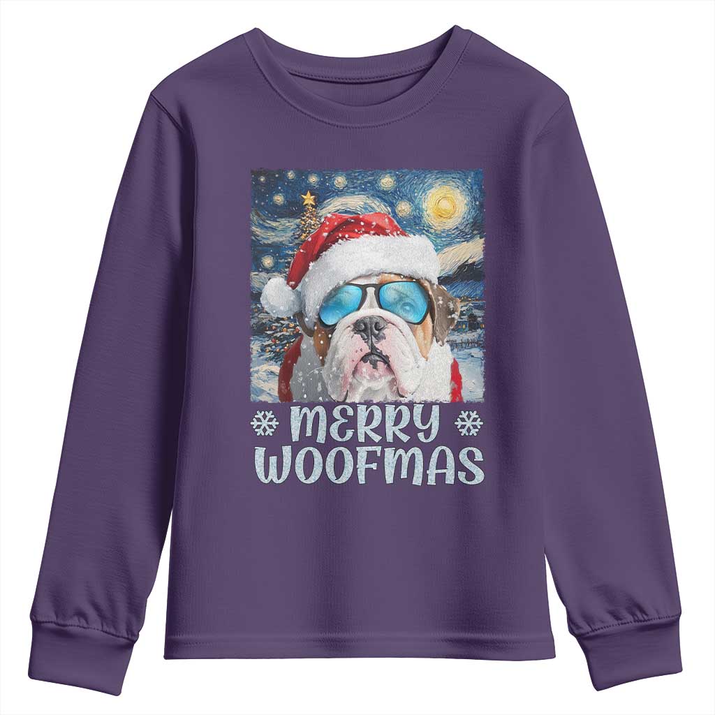 Funny Xmas Bulldog Youth Sweatshirt Merry Woofmas Christmas Starry Night Dog Lover TS09 Purple Print Your Wear