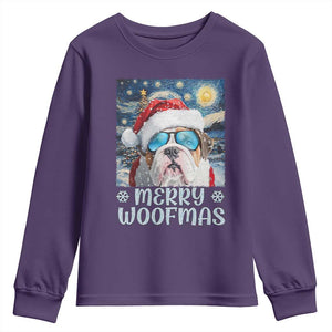 Funny Xmas Bulldog Youth Sweatshirt Merry Woofmas Christmas Starry Night Dog Lover TS09 Purple Print Your Wear